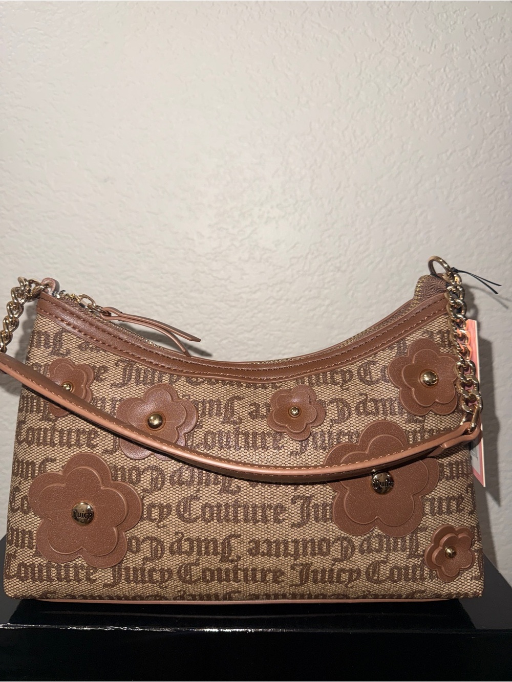 Juicy Couture Brown Floral Logo Chain-Accent Shoulder Bag